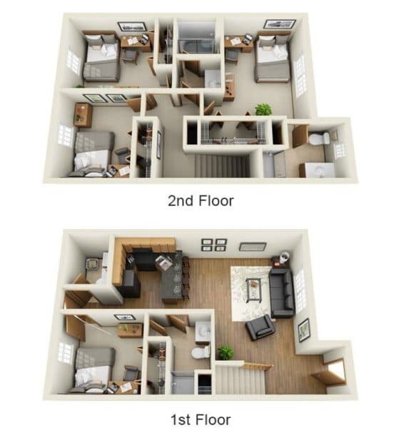 denah rumah 2 lantai 4 kamar tidur 3d