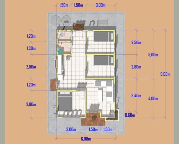 denah rumah 6x9 2 kamar tidur sederhana