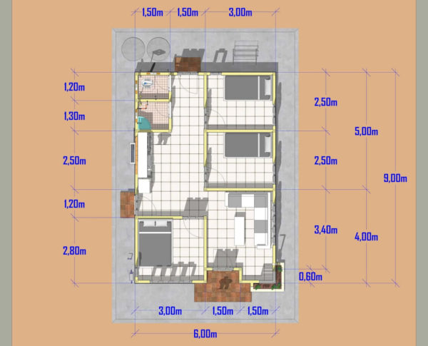 denah rumah 6x9 3 kamar tidur tanpa garasi modern