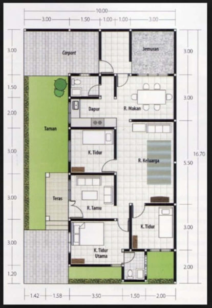denah rumah minimalis 3 kamar ukuran 7x9 1 lantai