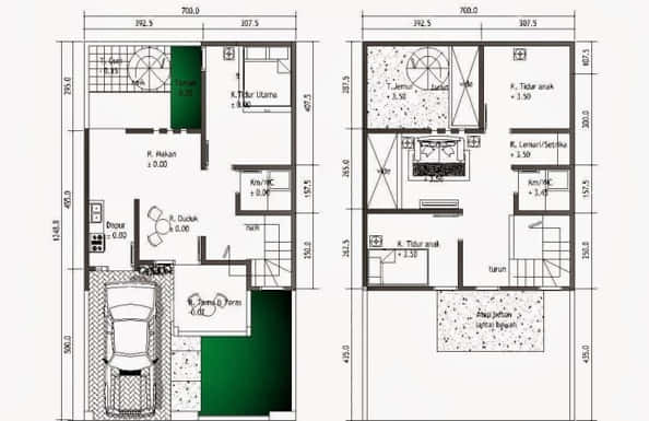 denah rumah minimalis 3 kamar ukuran 7x9 2 lantai
