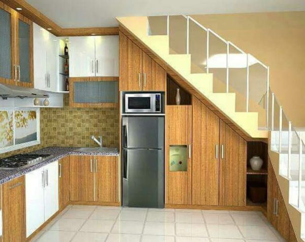 kitchen set bawah tangga motif kayu