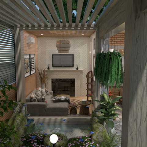 ruang tamu di teras rumah type 36 dengan tanaman hias